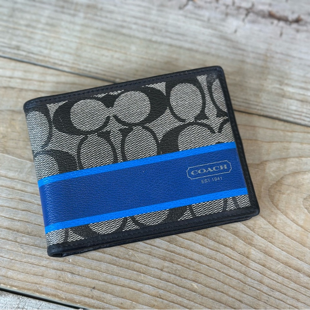 Coach Black and Blue Key Card Holder with Signature Design